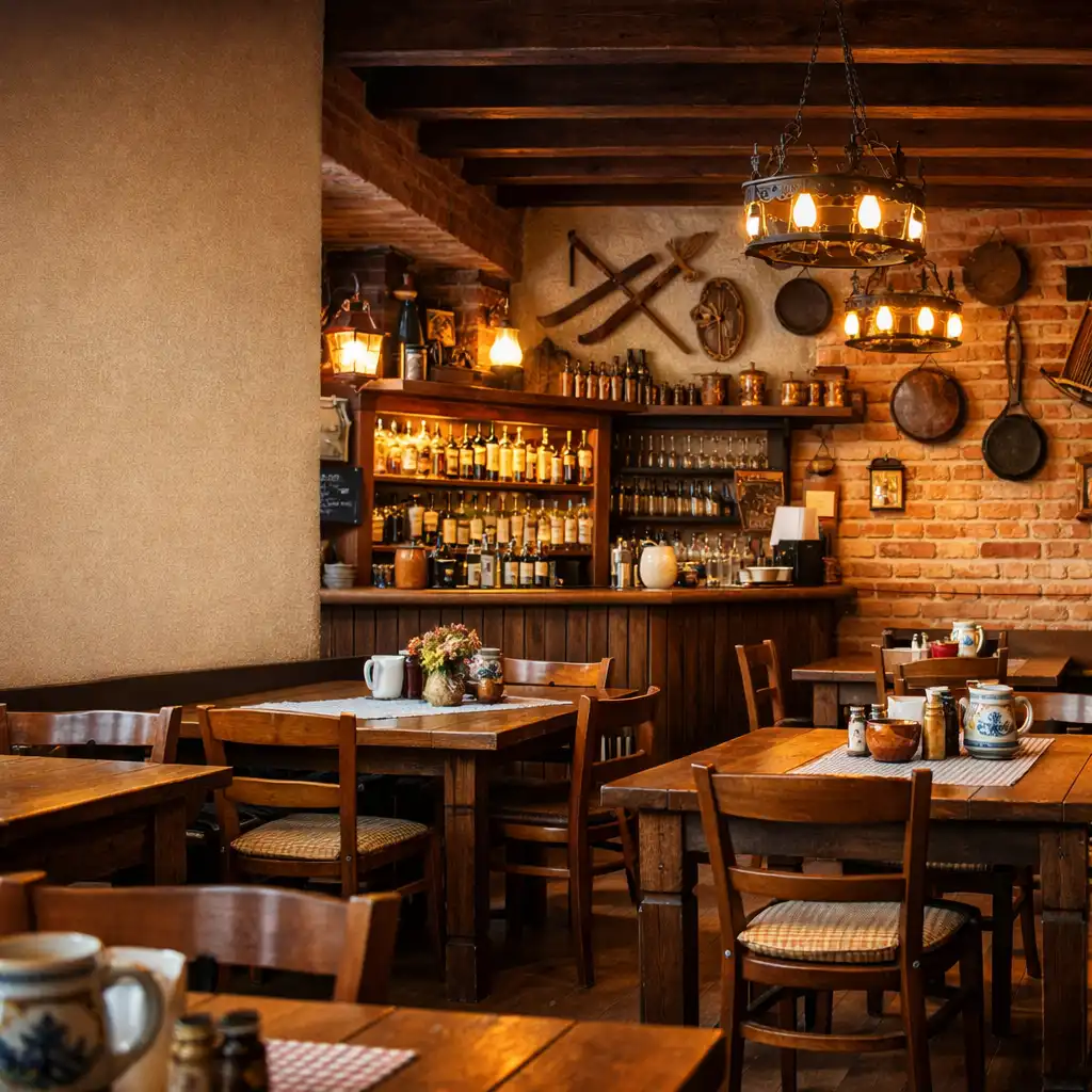 Interiér restaurace Hostinská Stůl s dřevěnými stoly, cihlovou zdí a barem
