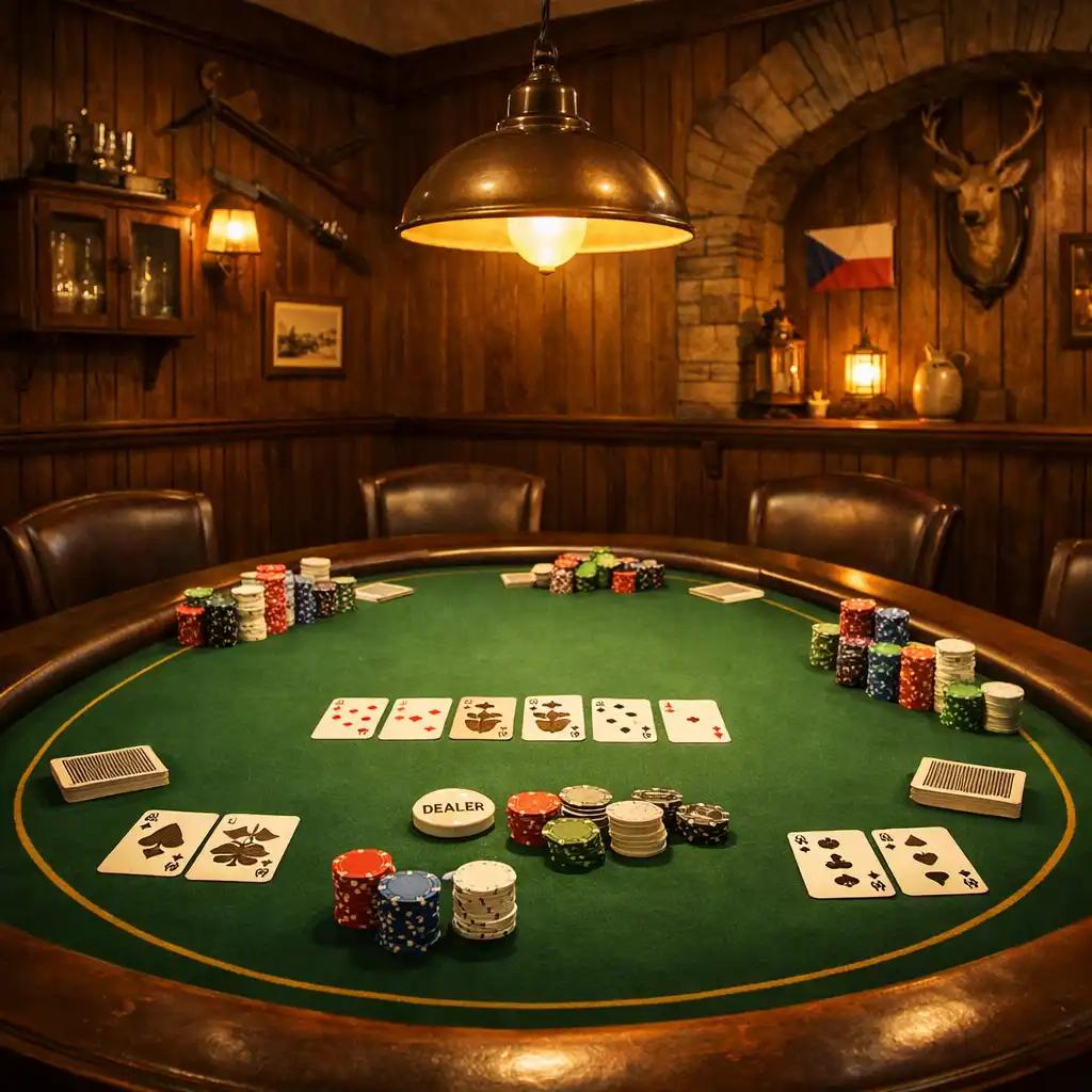 Profesionální pokerový stůl v zadním salonu hostince s žetony a kartami