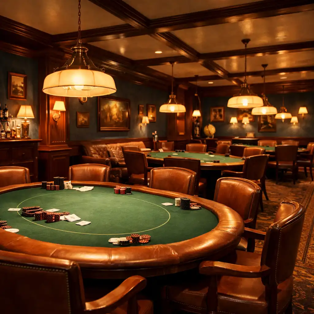Interiér Poker Room s profesionálními stoly a tlumeným osvětlením