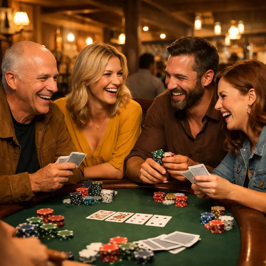 Skupina lidí se směje u pokerového stolu v restauraci