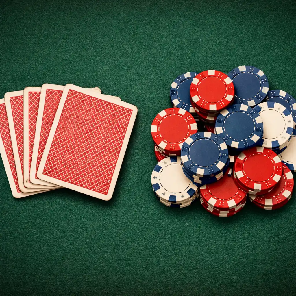 Pokerový stůl s kartami a barevnými žetony