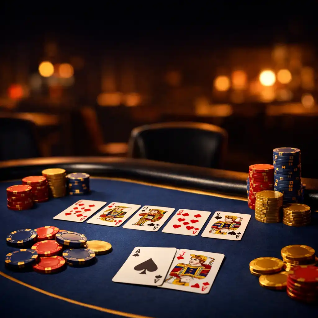 Pokerový stůl s kartami a žetony v tmavé místnosti s teplým osvětlením