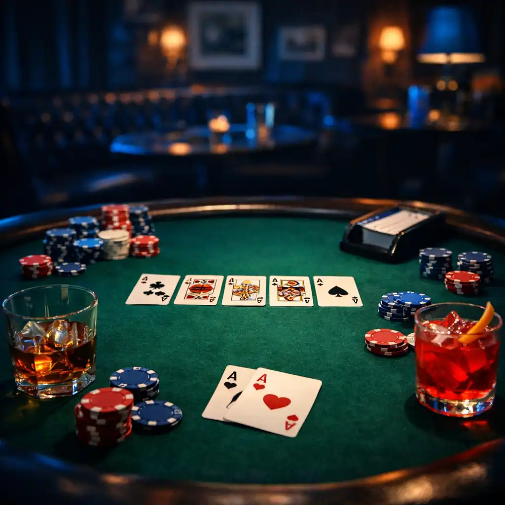 Pokerový stůl se žetony, kartami a nápojem v zadním salonku