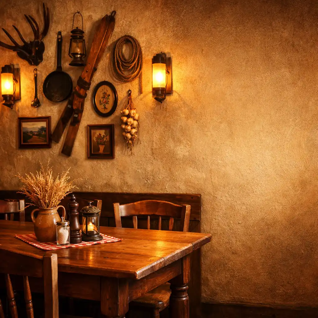 Detail interiéru restaurace s dřevěným stolem a teplým osvětlením