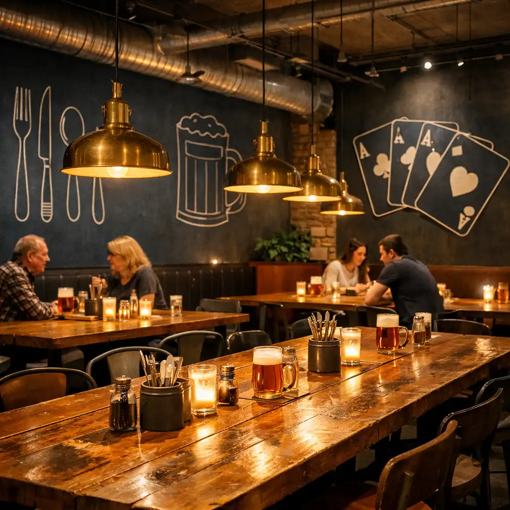 Interiér restaurace Hostinská Stůl s dlouhými společnými stoly a teplým osvětlením