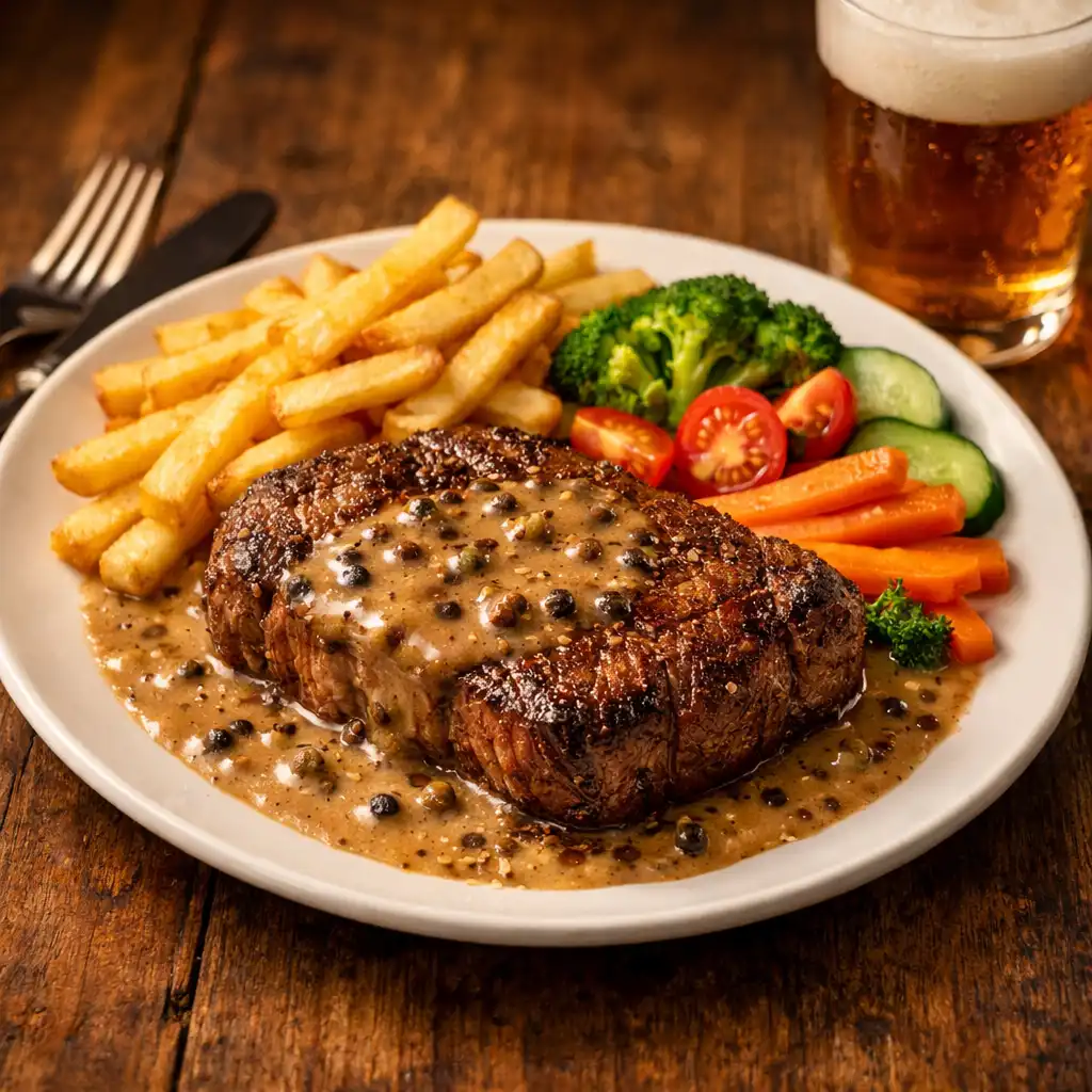 Pokerový steak s pepřovou omáčkou, hranolky a zeleninovou oblohou