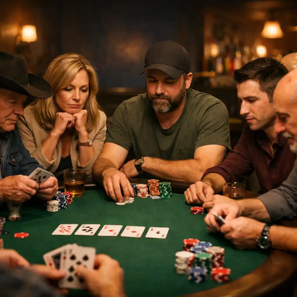 Skupina hráčů u pokerového stolu v útulném salonu restaurace
