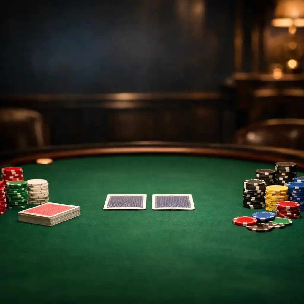 Profesionální pokerový stůl s kartami a žetony v tlumeně osvětleném salonu